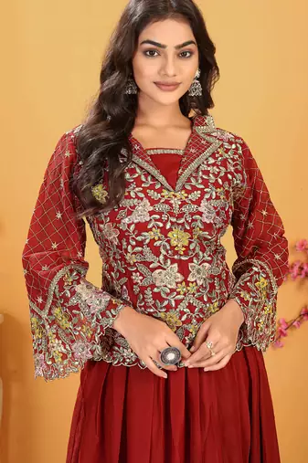 Saahmriga Red Georgette Stitched Top With lehenga and Dupatta Full Sleeve Embroidered Lehenga Set
