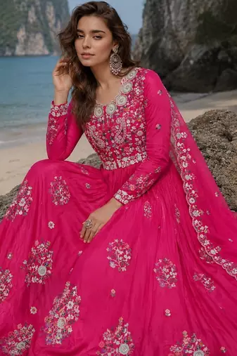 hot pink embroidered silk blend anarkali salwar suit - free size