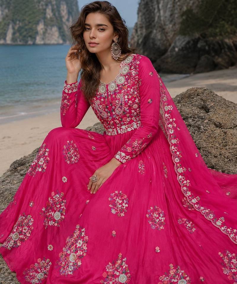 hot pink embroidered silk blend anarkali salwar suit - free size