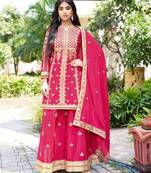 Saahmriga Pink Chinon Stitched Top With lehenga and Dupatta Full Sleeve Embroidered Kurta Palazzo Set