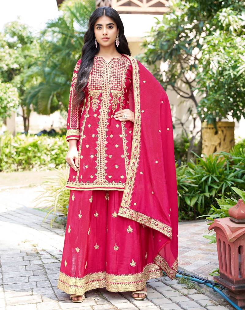 Saahmriga Pink Chinon Stitched Top With lehenga and Dupatta Full Sleeve Embroidered Kurta Palazzo Set