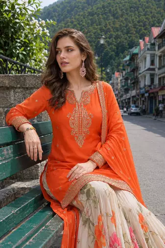 orange sequins silk blend salwar suit