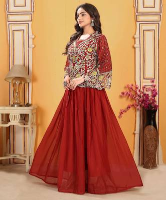 Saahmriga Red Georgette Stitched Top With lehenga and Dupatta Full Sleeve Embroidered Lehenga Set 4