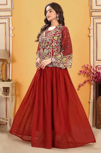 Saahmriga Red Georgette Stitched Top With lehenga and Dupatta Full Sleeve Embroidered Lehenga Set