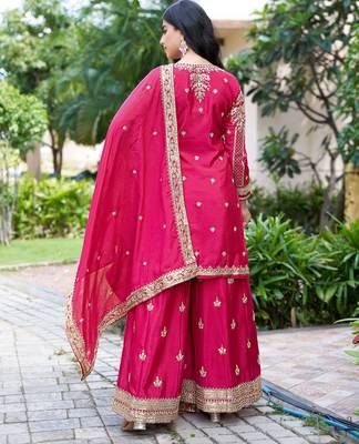 Saahmriga Pink Chinon Stitched Top With lehenga and Dupatta Full Sleeve Embroidered Kurta Palazzo Set 2