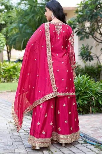 Saahmriga Pink Chinon Stitched Top With lehenga and Dupatta Full Sleeve Embroidered Kurta Palazzo Set