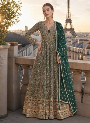 dark green sequins georgette anarkali salwar suit - free size 1