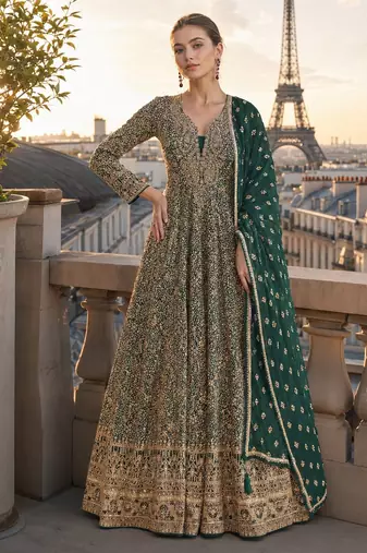 dark green sequins georgette anarkali salwar suit - free size
