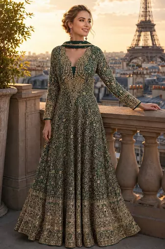 dark green sequins georgette anarkali salwar suit - free size