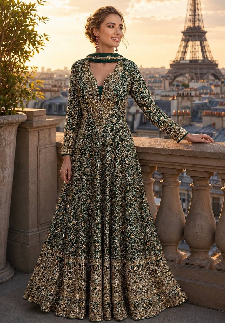 dark green sequins georgette anarkali salwar suit - free size