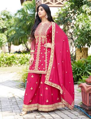 Saahmriga Pink Chinon Stitched Top With lehenga and Dupatta Full Sleeve Embroidered Kurta Palazzo Set 3