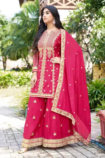 Saahmriga Pink Chinon Stitched Top With lehenga and Dupatta Full Sleeve Embroidered Kurta Palazzo Set
