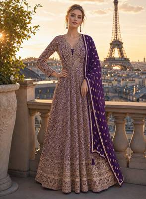 violet sequins georgette anarkali salwar suit - free size 1