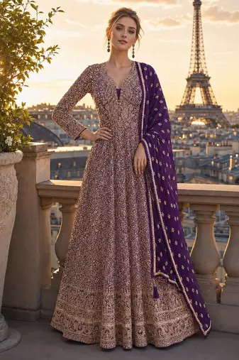 violet sequins georgette anarkali salwar suit - free size