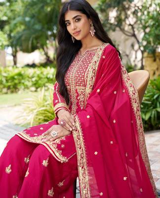 Saahmriga Pink Chinon Stitched Top With lehenga and Dupatta Full Sleeve Embroidered Kurta Palazzo Set 4