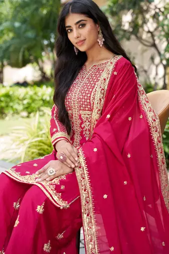 Saahmriga Pink Chinon Stitched Top With lehenga and Dupatta Full Sleeve Embroidered Kurta Palazzo Set