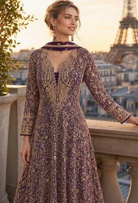 violet sequins georgette anarkali salwar suit - free size 2