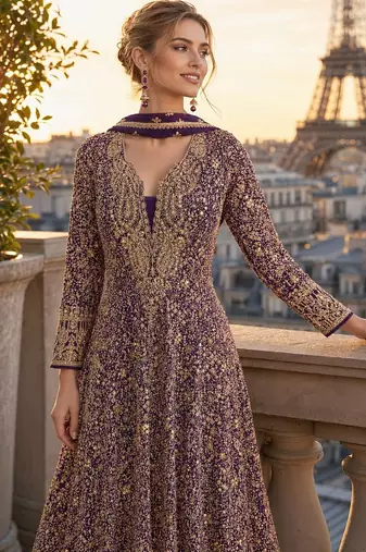 violet sequins georgette anarkali salwar suit - free size