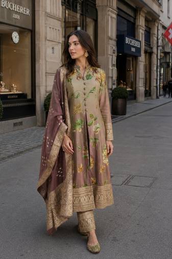 multicolor floral print silk blend anarkali salwar suit - free size