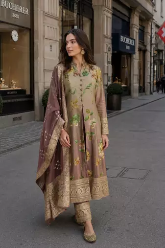 multicolor floral print silk blend anarkali salwar suit - free size