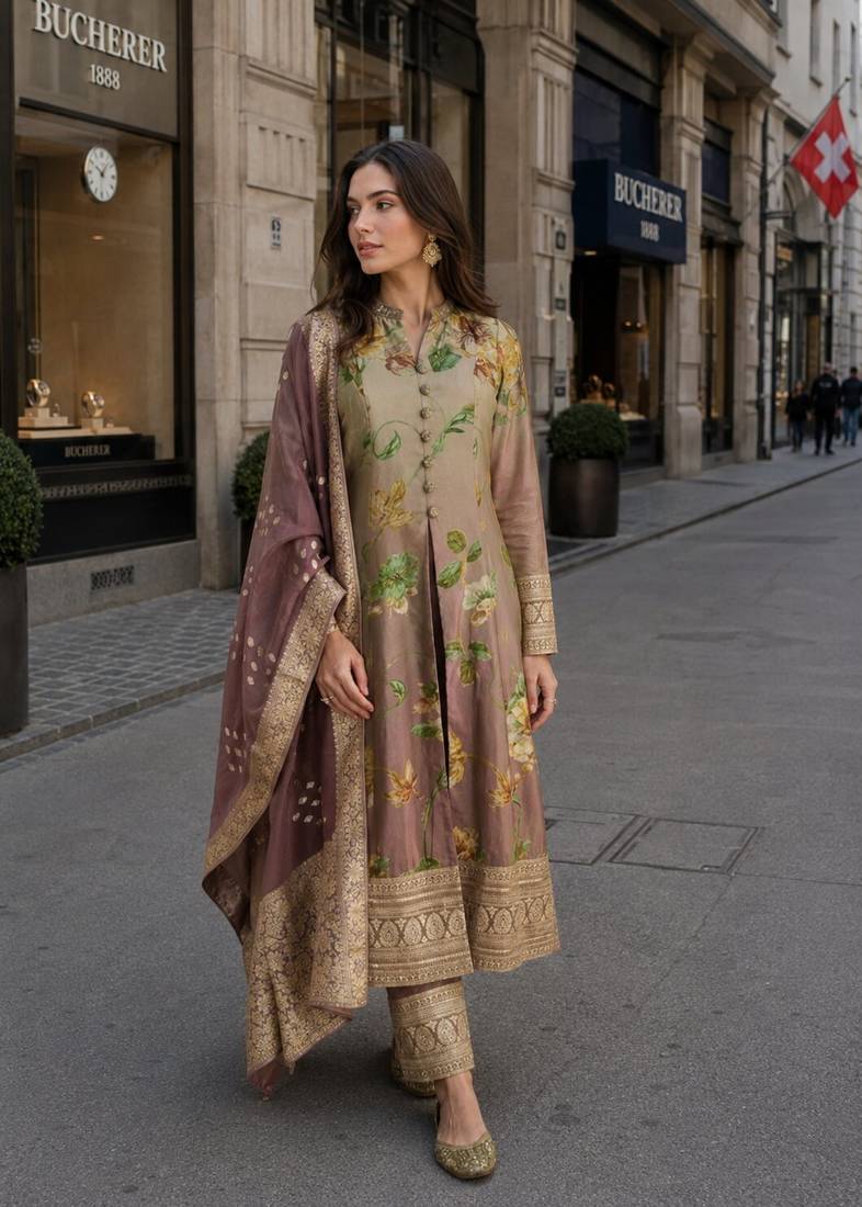 multicolor floral print silk blend anarkali salwar suit - free size