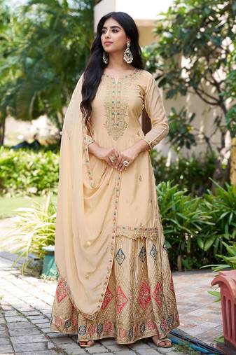 Saahmriga Cream Chinon Stitched Top With lehenga and Dupatta Full Sleeve Embroidered Lehenga Set
