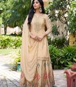 Saahmriga Cream Chinon Stitched Top With lehenga and Dupatta Full Sleeve Embroidered Lehenga Set