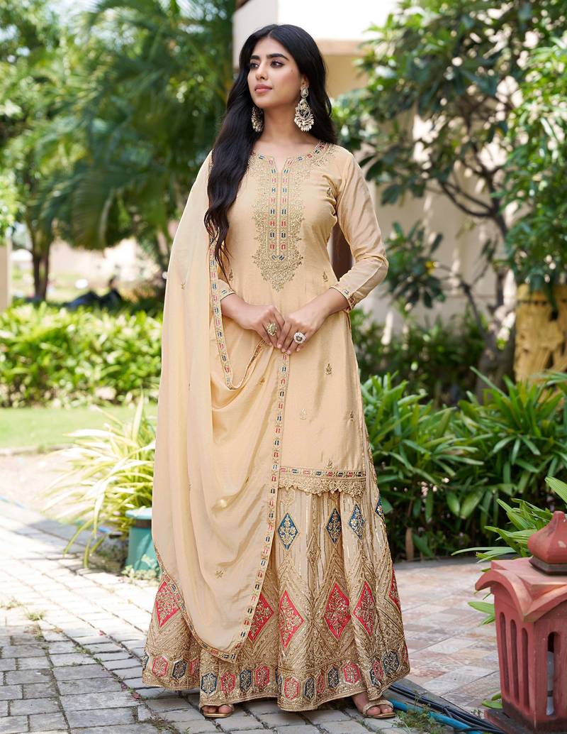 Saahmriga Cream Chinon Stitched Top With lehenga and Dupatta Full Sleeve Embroidered Lehenga Set