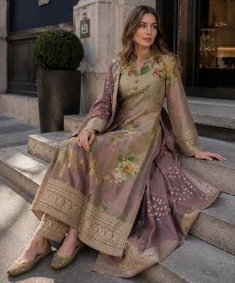 multicolor floral print silk blend anarkali salwar suit - free size 2