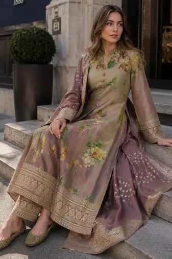 multicolor floral print silk blend anarkali salwar suit - free size