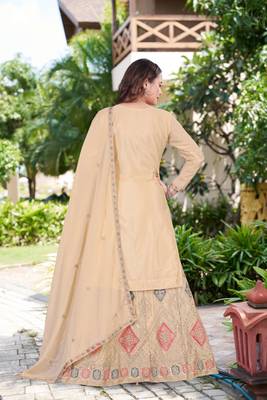 Saahmriga Cream Chinon Stitched Top With lehenga and Dupatta Full Sleeve Embroidered Lehenga Set 2