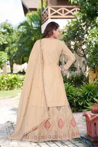 Saahmriga Cream Chinon Stitched Top With lehenga and Dupatta Full Sleeve Embroidered Lehenga Set