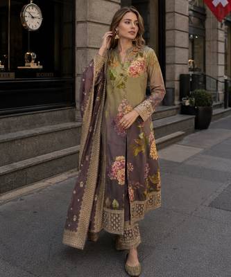 multicolor floral print silk blend anarkali salwar suit - free size 1