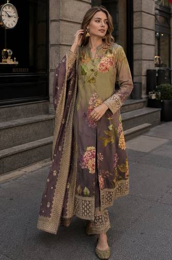 multicolor floral print silk blend anarkali salwar suit - free size