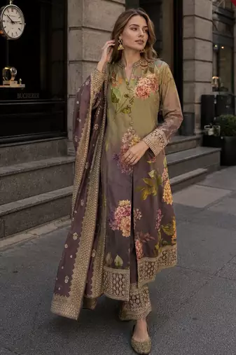 multicolor floral print silk blend anarkali salwar suit - free size