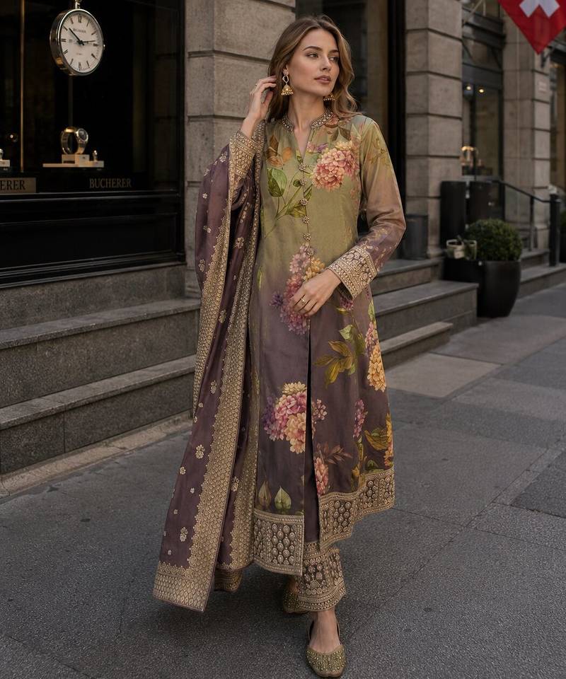multicolor floral print silk blend anarkali salwar suit - free size