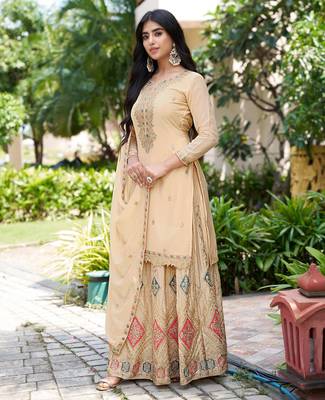 Saahmriga Cream Chinon Stitched Top With lehenga and Dupatta Full Sleeve Embroidered Lehenga Set 3