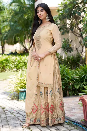 Saahmriga Cream Chinon Stitched Top With lehenga and Dupatta Full Sleeve Embroidered Lehenga Set