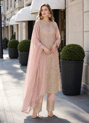 peach embroidered georgette silk blend georgette salwar - free size 1