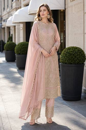 peach embroidered georgette silk blend georgette salwar - free size