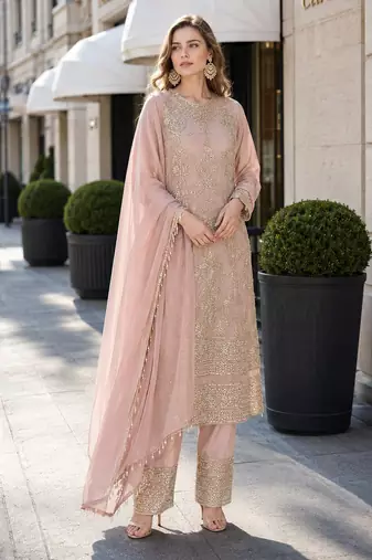 peach embroidered georgette silk blend georgette salwar - free size