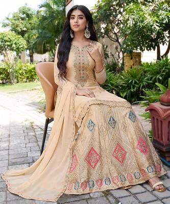 Saahmriga Cream Chinon Stitched Top With lehenga and Dupatta Full Sleeve Embroidered Lehenga Set 4