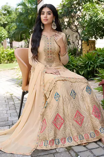 Saahmriga Cream Chinon Stitched Top With lehenga and Dupatta Full Sleeve Embroidered Lehenga Set