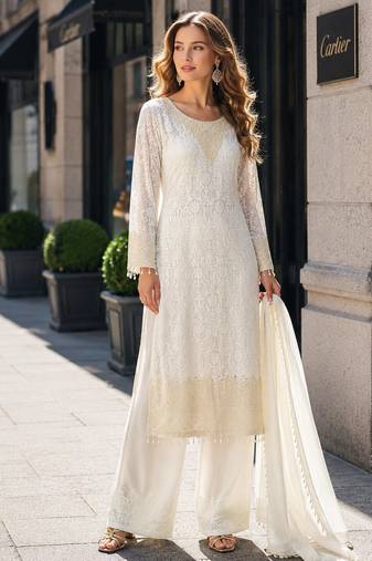 white embroidered georgette silk blend georgette salwar - free size
