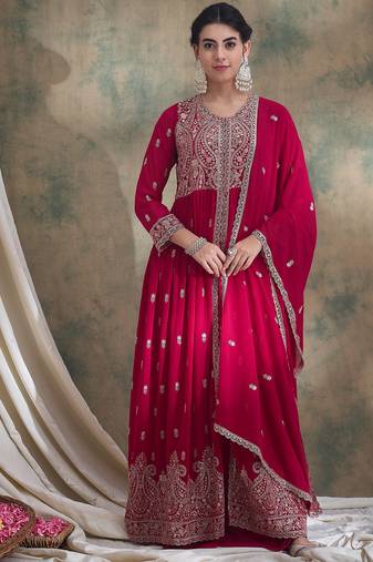 Saahmriga Pink Faux Georgette Stitched Top With lehenga and Dupatta Full Sleeve Embroidered Lehenga With Kurta