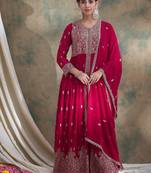 Saahmriga Pink Faux Georgette Stitched Top With lehenga and Dupatta Full Sleeve Embroidered Lehenga With Kurta