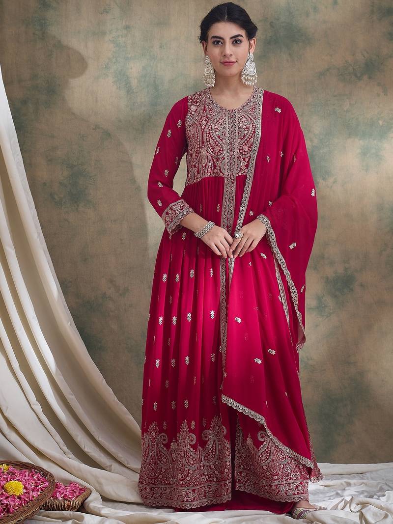Saahmriga Pink Faux Georgette Stitched Top With lehenga and Dupatta Full Sleeve Embroidered Lehenga With Kurta