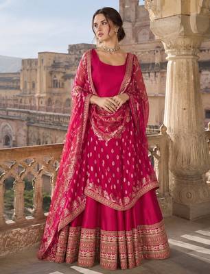 red embroidered silk blend anarkali salwar suit - free size 1