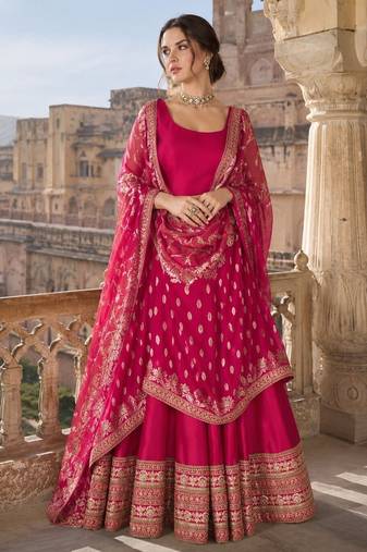red embroidered silk blend anarkali salwar suit - free size
