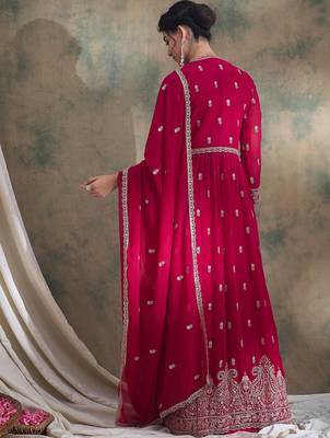 Saahmriga Pink Faux Georgette Stitched Top With lehenga and Dupatta Full Sleeve Embroidered Lehenga With Kurta 2